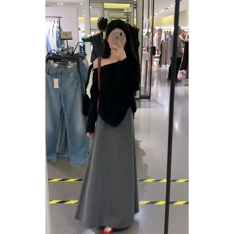 2025早秋新款法式气质宽松露肩长袖上衣设计感高腰百搭褶皱半身裙