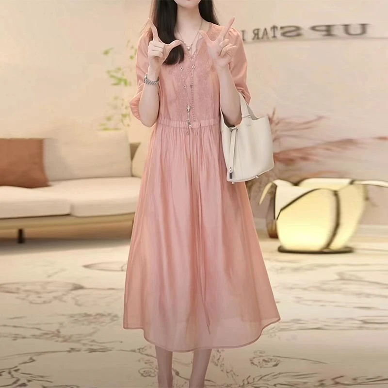 街头风高档连衣裙新款夏季V领连衣裙女高端连衣裙新款宽松显瘦裙