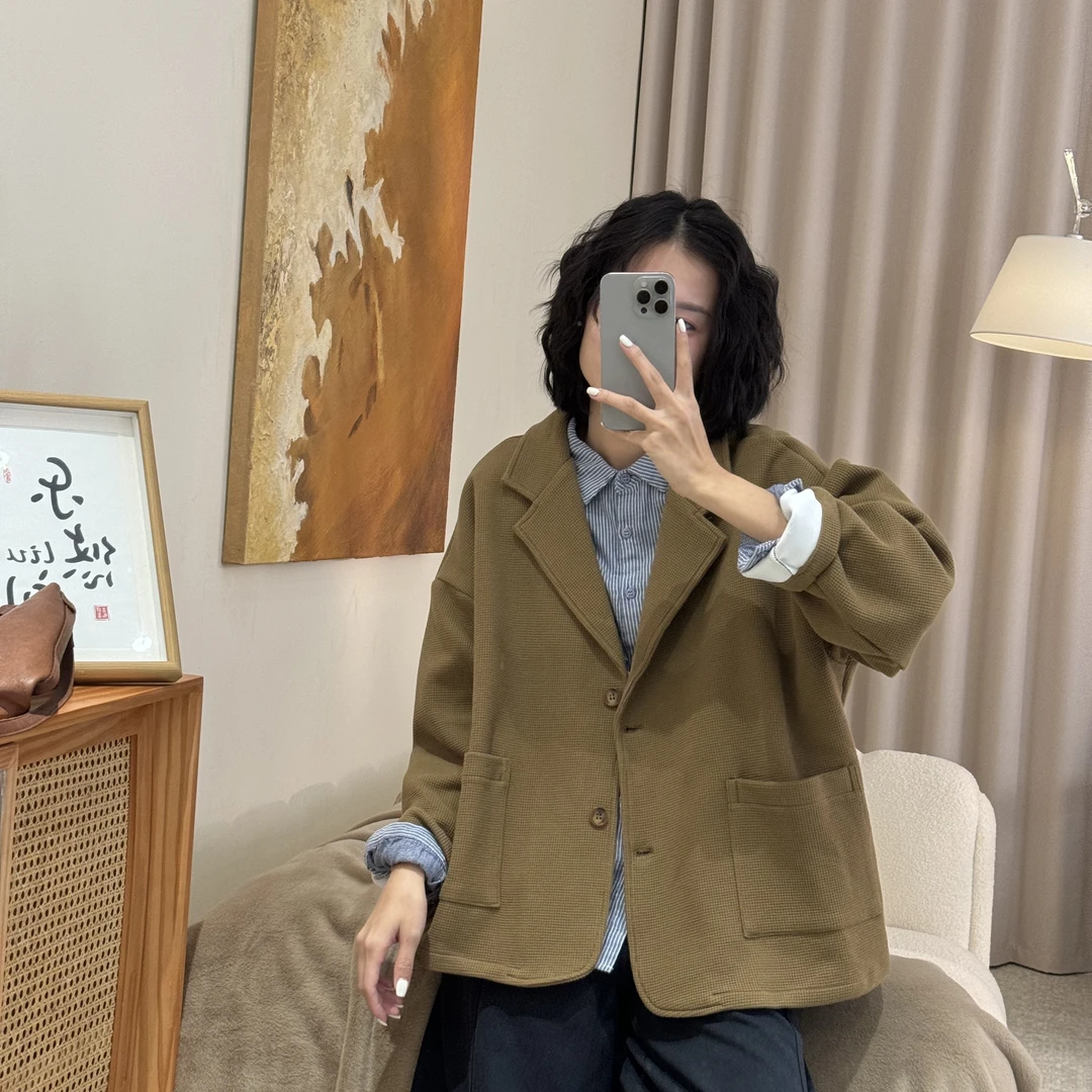 喜樂  2025华夫格西装外套春季新款时尚百搭纯色显瘦宽松气质女士