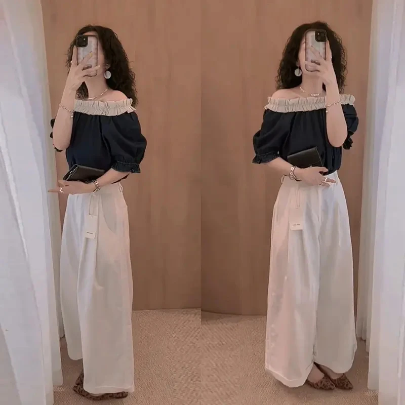 一字领夏季短袖时尚套装2025年新款百搭流行上衣休闲阔腿裤两件套