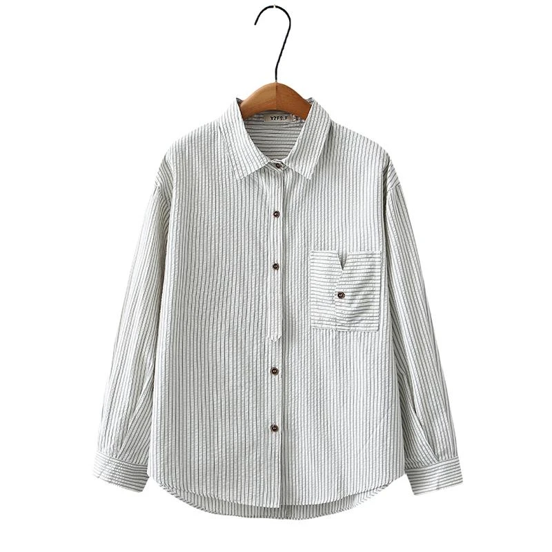 春秋新款长袖百搭衬衫大码女装胖mm宽松遮肉显瘦条纹口袋衬衣上衣