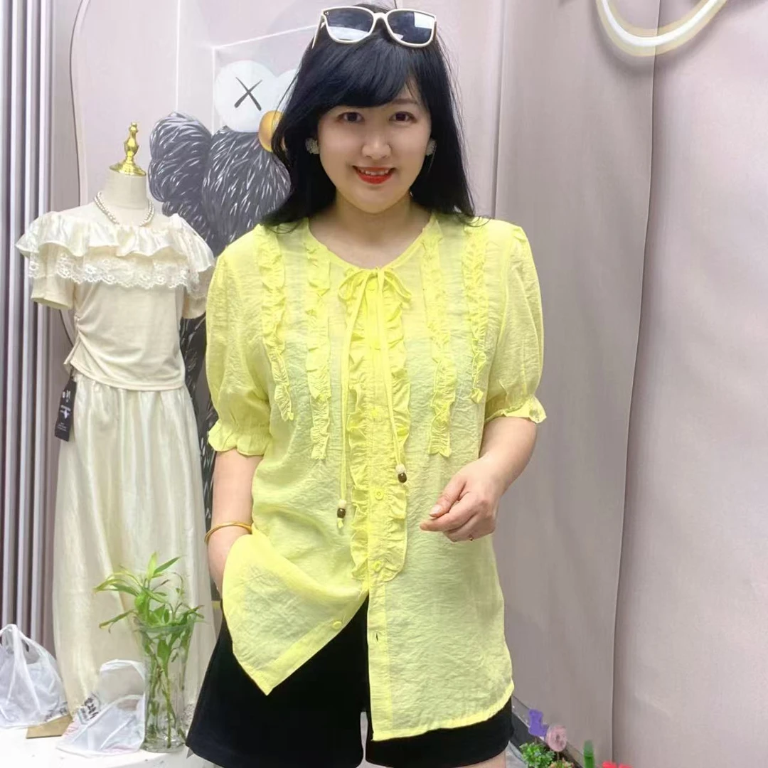 岚岚大码高端圆领短袖木耳边设计显瘦百搭遮臀女神衫上衣5292