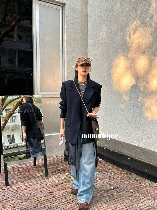 MUMUBYER •“米兰秀场”25早春新款高级感黑色大版拼接蕾丝西装外套