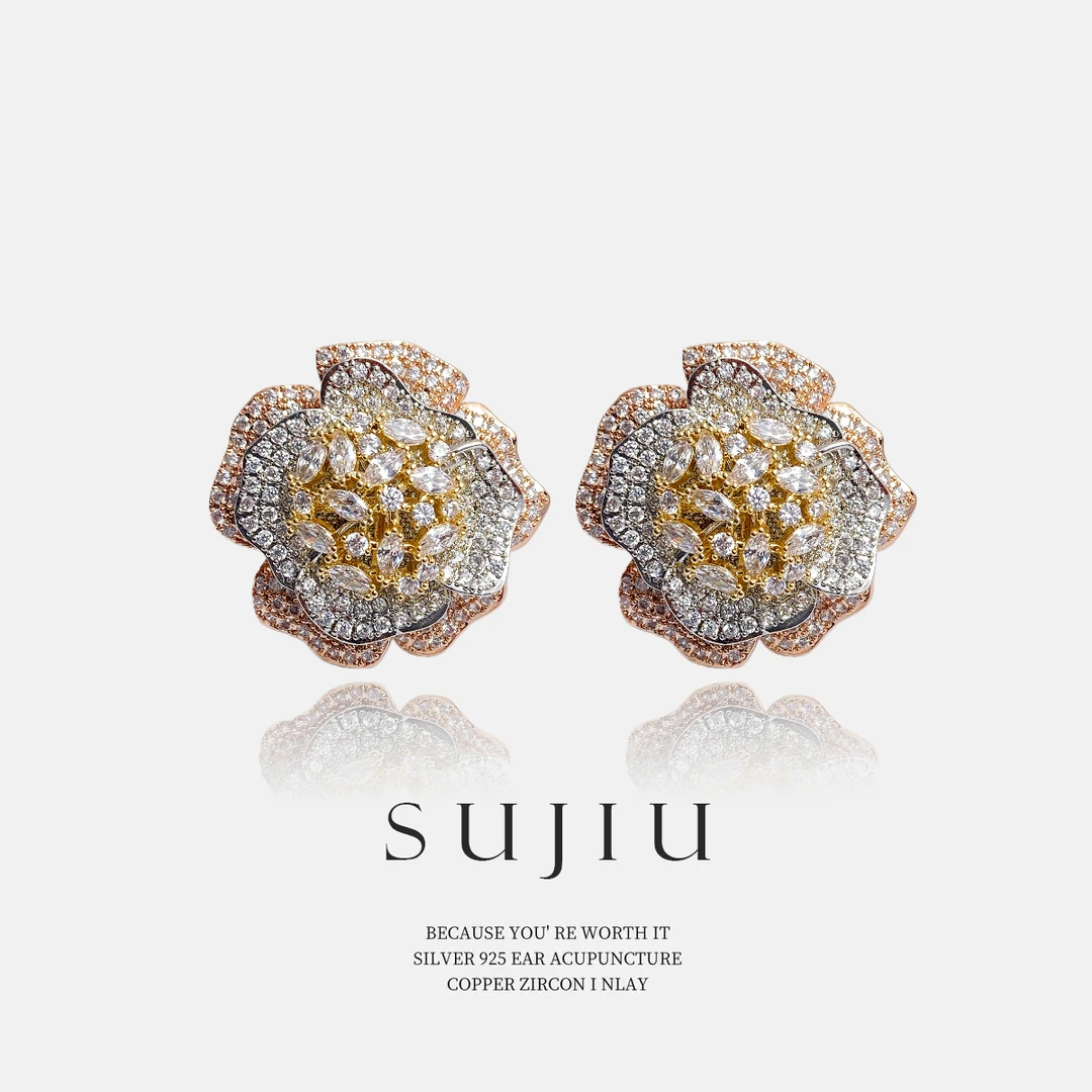 铜合金耳饰 SUJIU 925银针【山花浪漫】复古百搭耳钉耳环耳坠7143