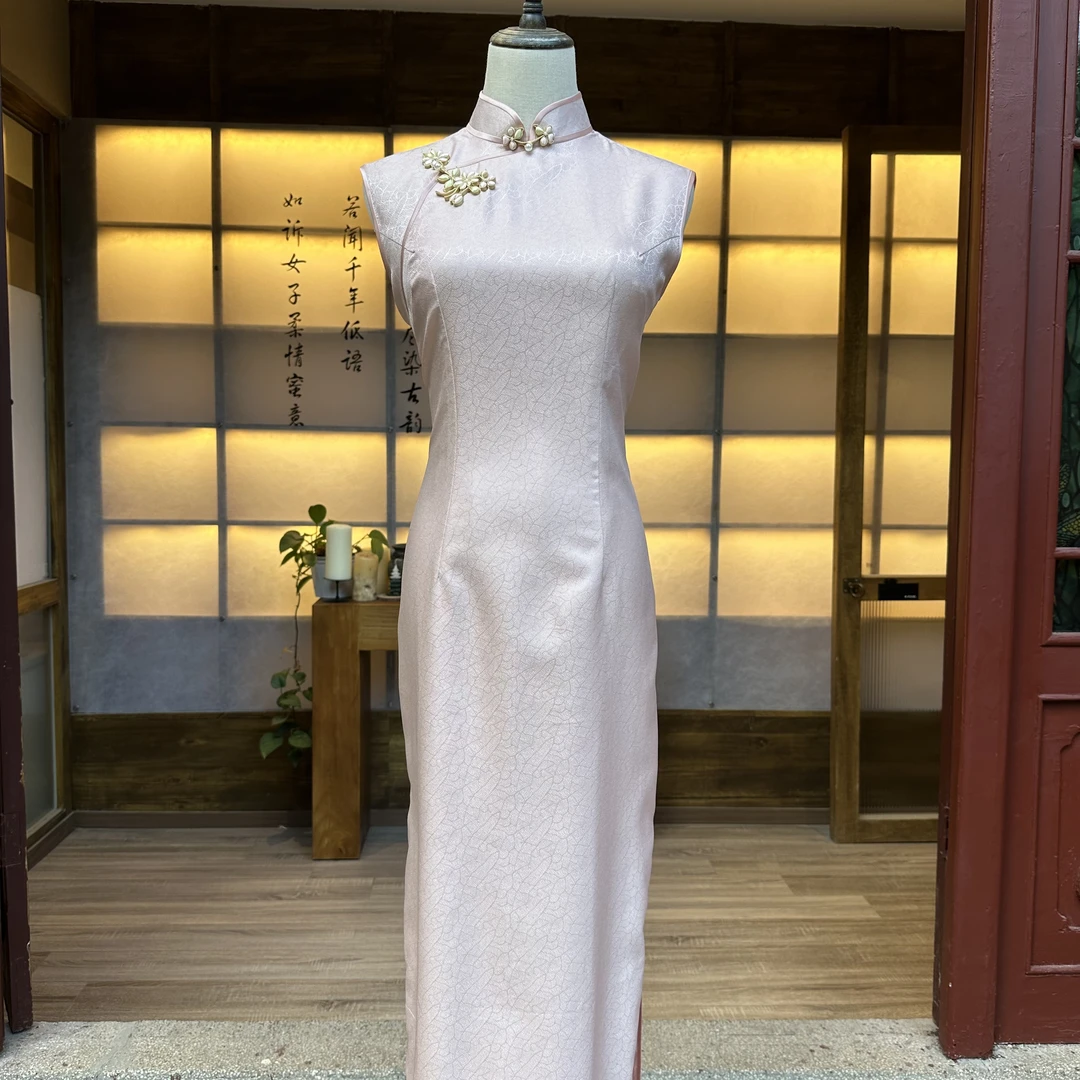 【落樱龟裂】武汉姑苏夫人高端定制无袖收腰长款日常年轻桑蚕丝旗袍