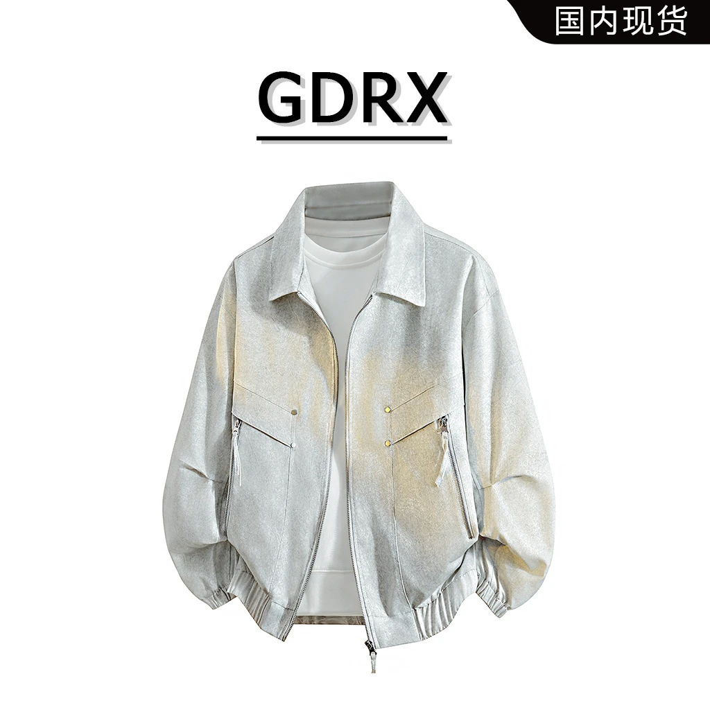GDRX男士大码翻领褶皱夹克春秋美式宽松百搭上衣外套高级感男装