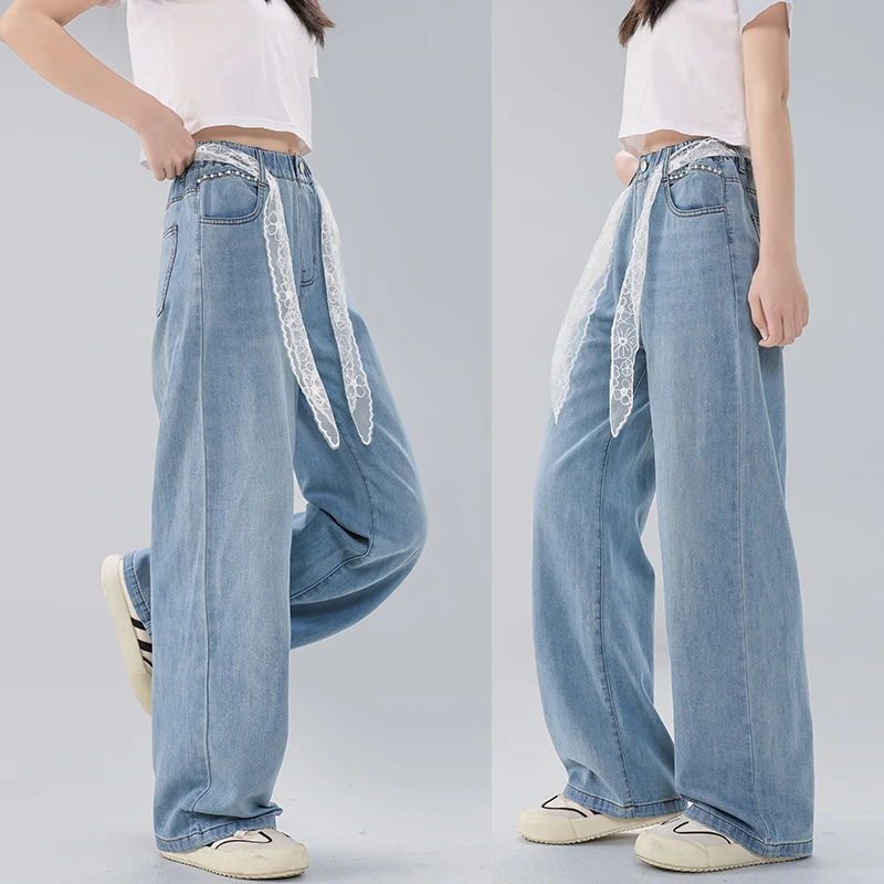 女童牛仔裤2025夏季新款时尚百搭亲肤直筒裤青少年轻薄透气阔腿裤