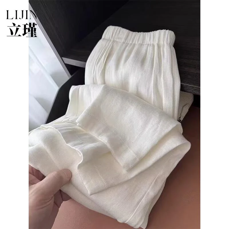 高级感白色棉麻阔腿裤女夏季薄款宽松显瘦高腰垂感女款弯刀阔腿裤