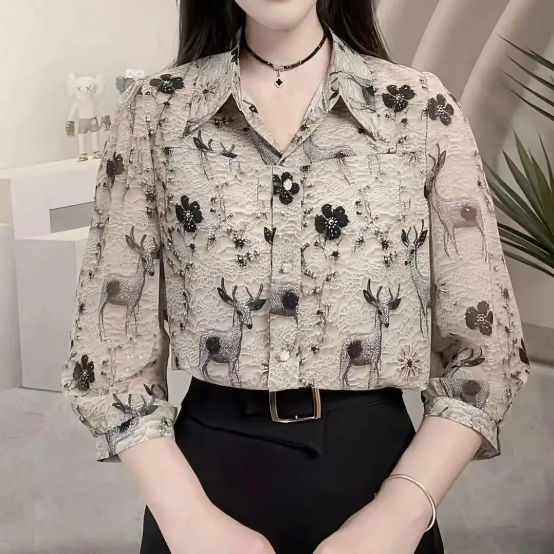 2025夏季薄款七分袖清凉透气上衣女宽松百搭衬衫印花洋气显瘦衬衣