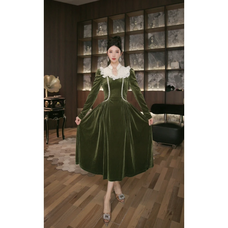 六爻定制 复古绿色设计师法式显瘦气质拼接圆领连衣裙 45428