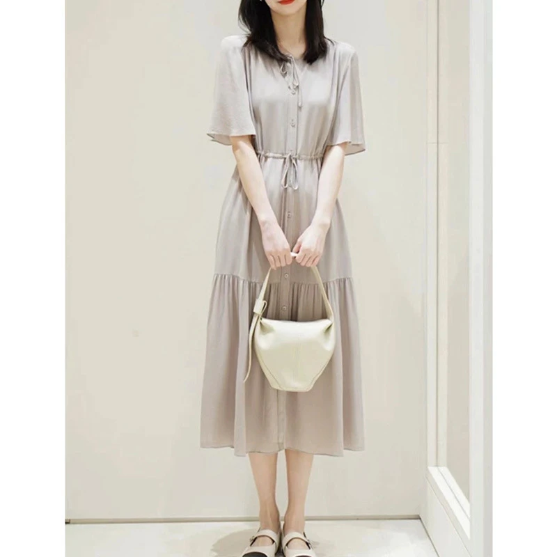 双层鬼绉真丝裙子 短袖中长款桑蚕丝连衣裙2025夏季新款高端女装