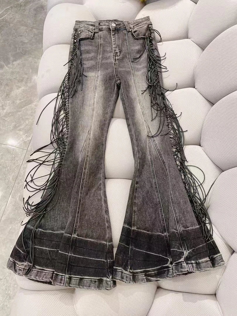 Hv25100 显瘦牛仔高腰时尚黑色破洞设计师毛边直筒休闲百搭裤子