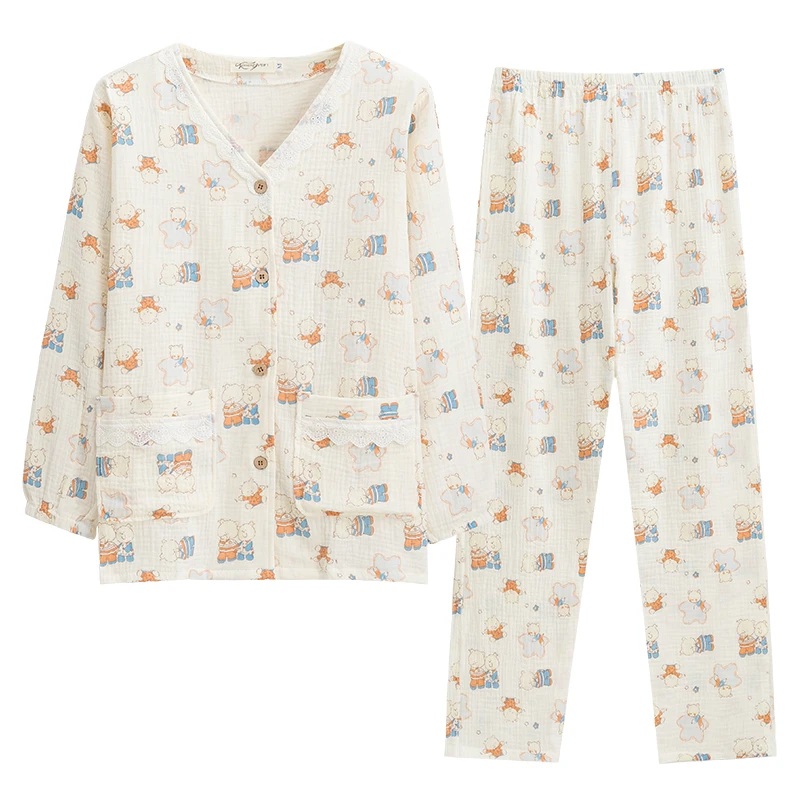 小胖【双层纱棉】春夏大码宽松碎花长袖长裤200斤可穿睡衣家居服套