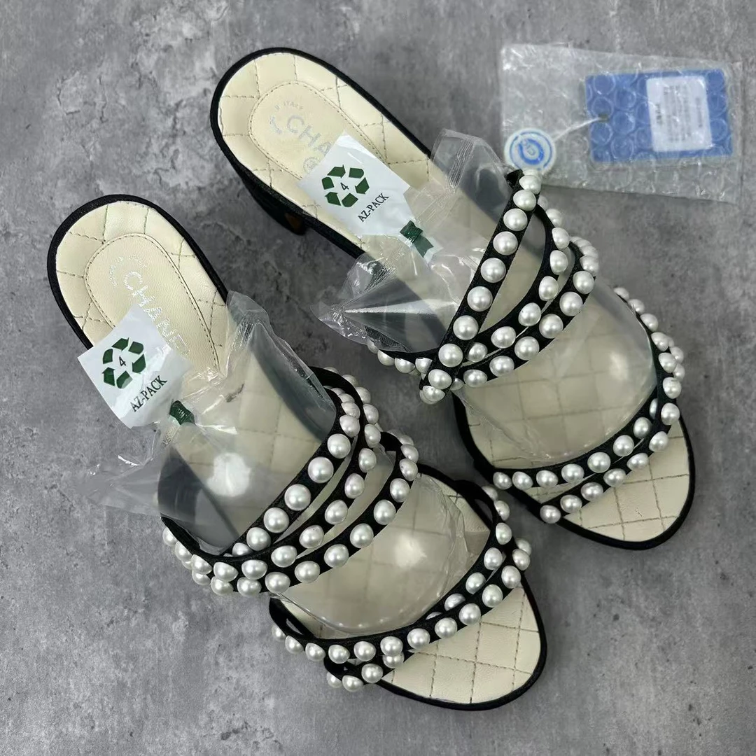 95新 Chanel/香奈儿 38码/仔仔/黑色珍珠交叉带粗跟凉鞋 xxs1286