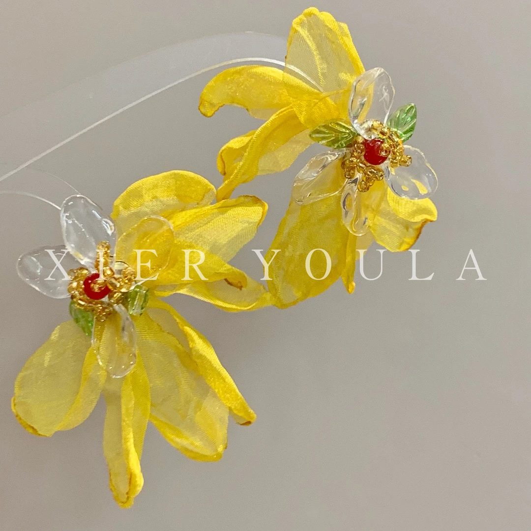 铜合金布艺耳饰 【喜儿ula】2-22-8黄色系夸张花朵个性耳钉