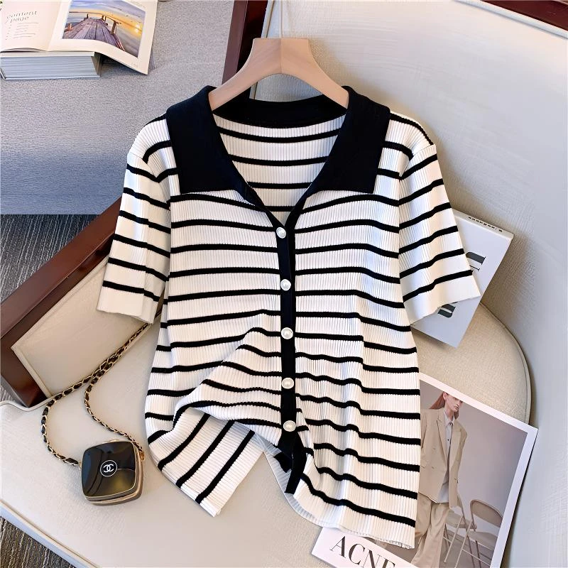 大码遮肉显瘦T恤时尚洋气条纹针织翻领短袖上衣-CL-6112
