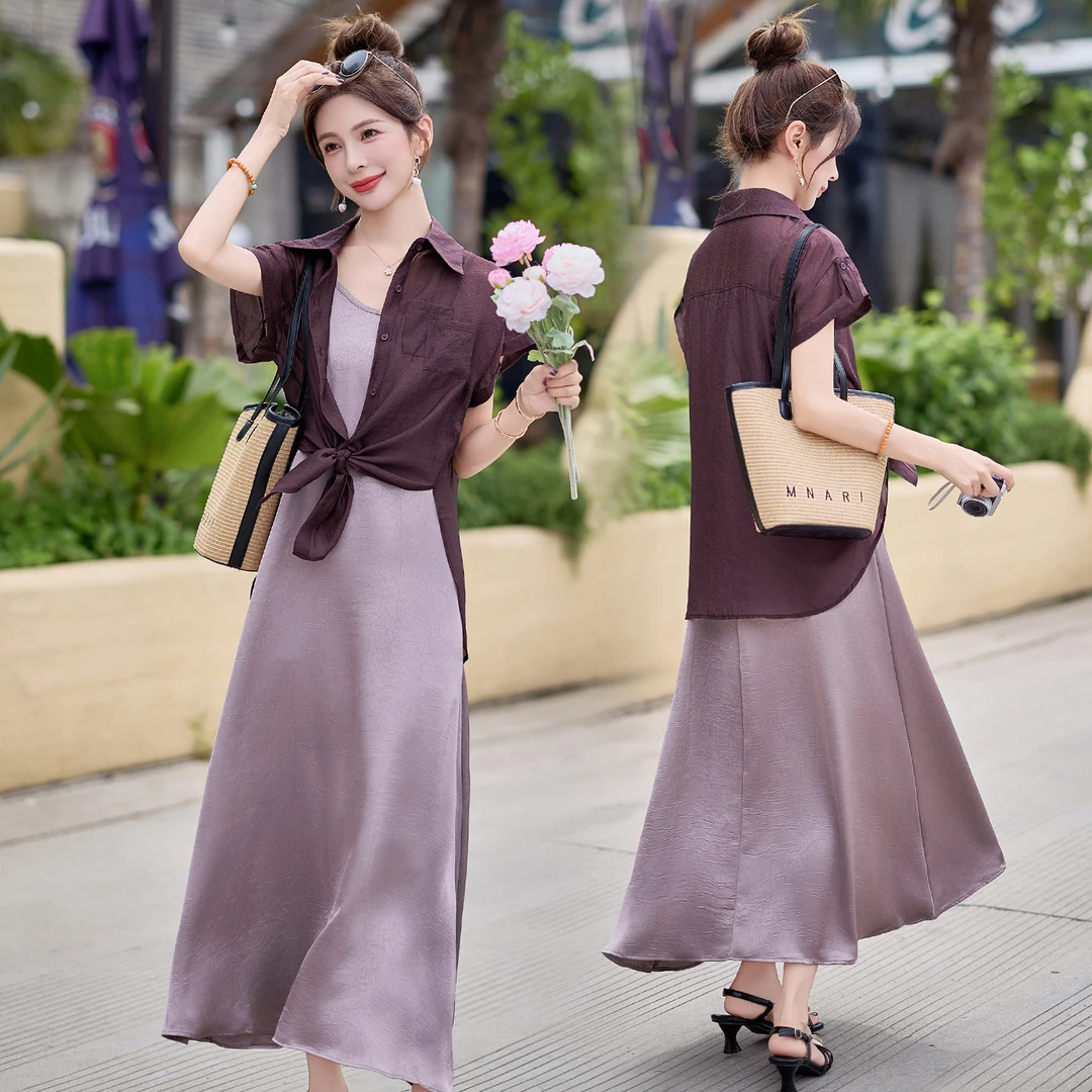 轻薄短袖衬衫套装裙女2025年夏季新款高级感洋气减龄吊带裙两件套