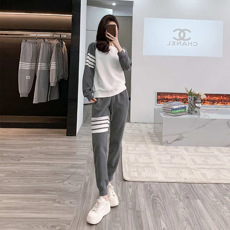 欧货灰色休闲运动套装女秋冬显瘦韩版撞色插肩袖卫衣卫裤两件套潮