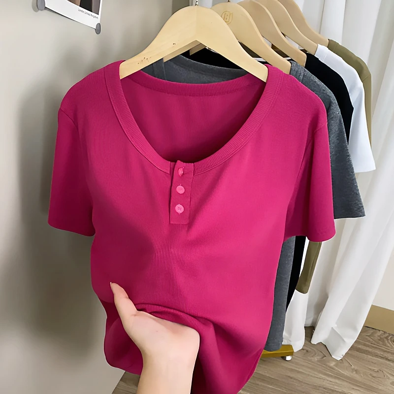 大码200斤夏季新款正肩纯色圆领短袖t恤女设计百搭遮肉显瘦上衣潮