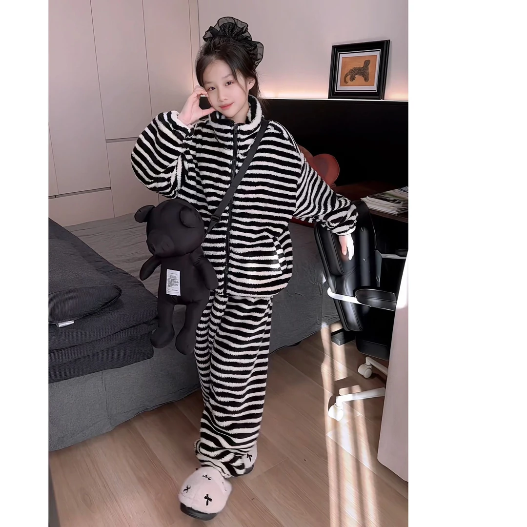 女童家居服秋冬条纹女大童法兰绒高端睡衣学生加绒加厚保暖套装