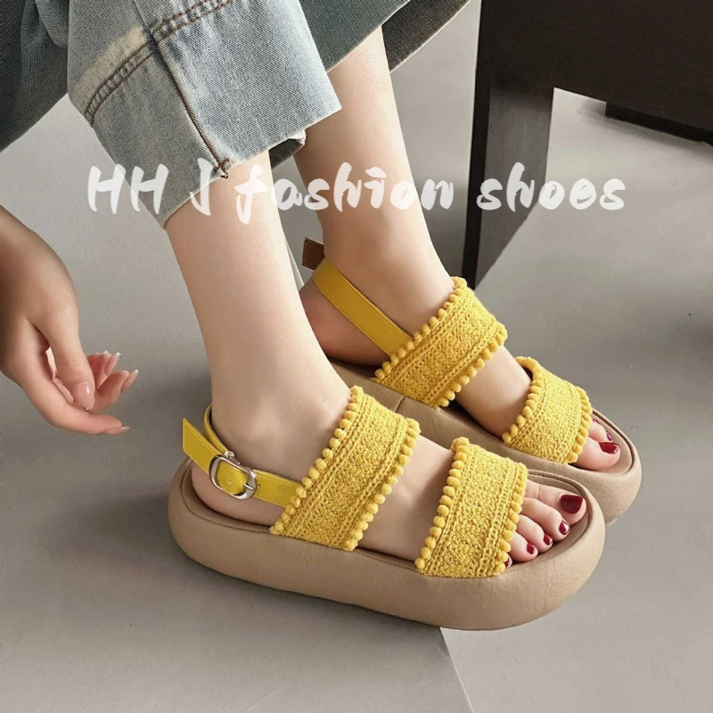 厚底一字带编织罗马凉鞋女2025夏季新款百搭舒适软底增高沙滩凉鞋