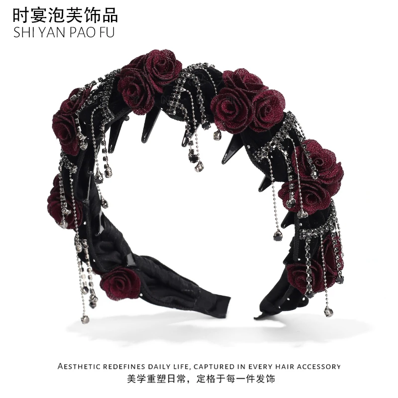 时宴泡芙芬德拉玫瑰发箍花朵流苏港风复古手工压发发卡气质头箍女