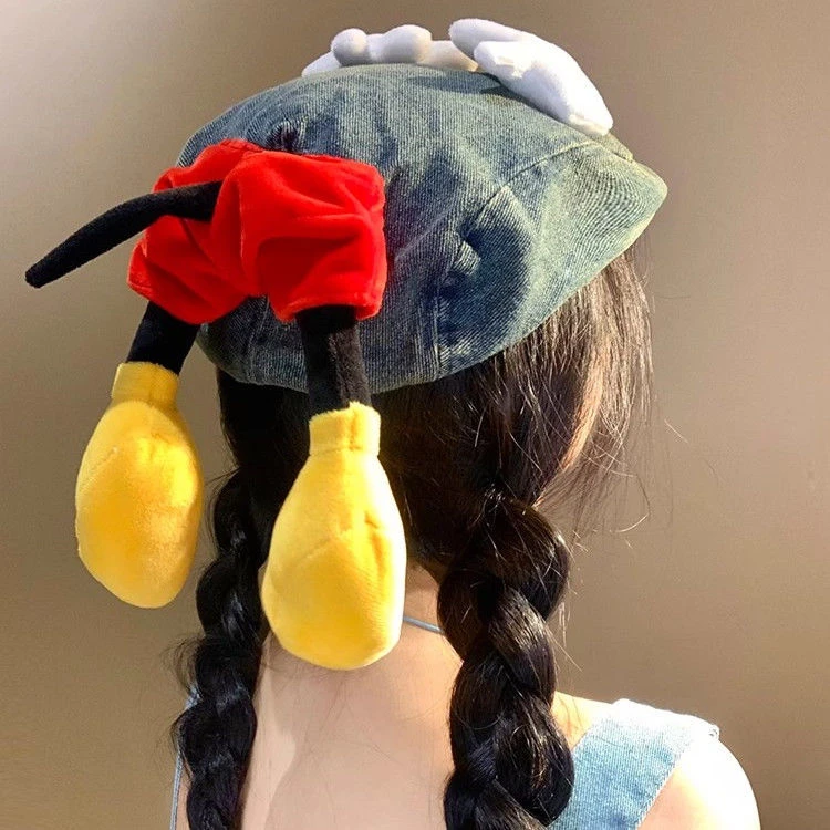 卡通可爱米奇屁屁前进帽女水洗牛仔贝雷帽大头围显脸小百搭帽子潮