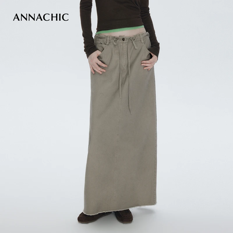 ANNACHIC“淡人裙”_水洗纯棉抽绳调节半身裙H型遮胯显瘦直筒长裙