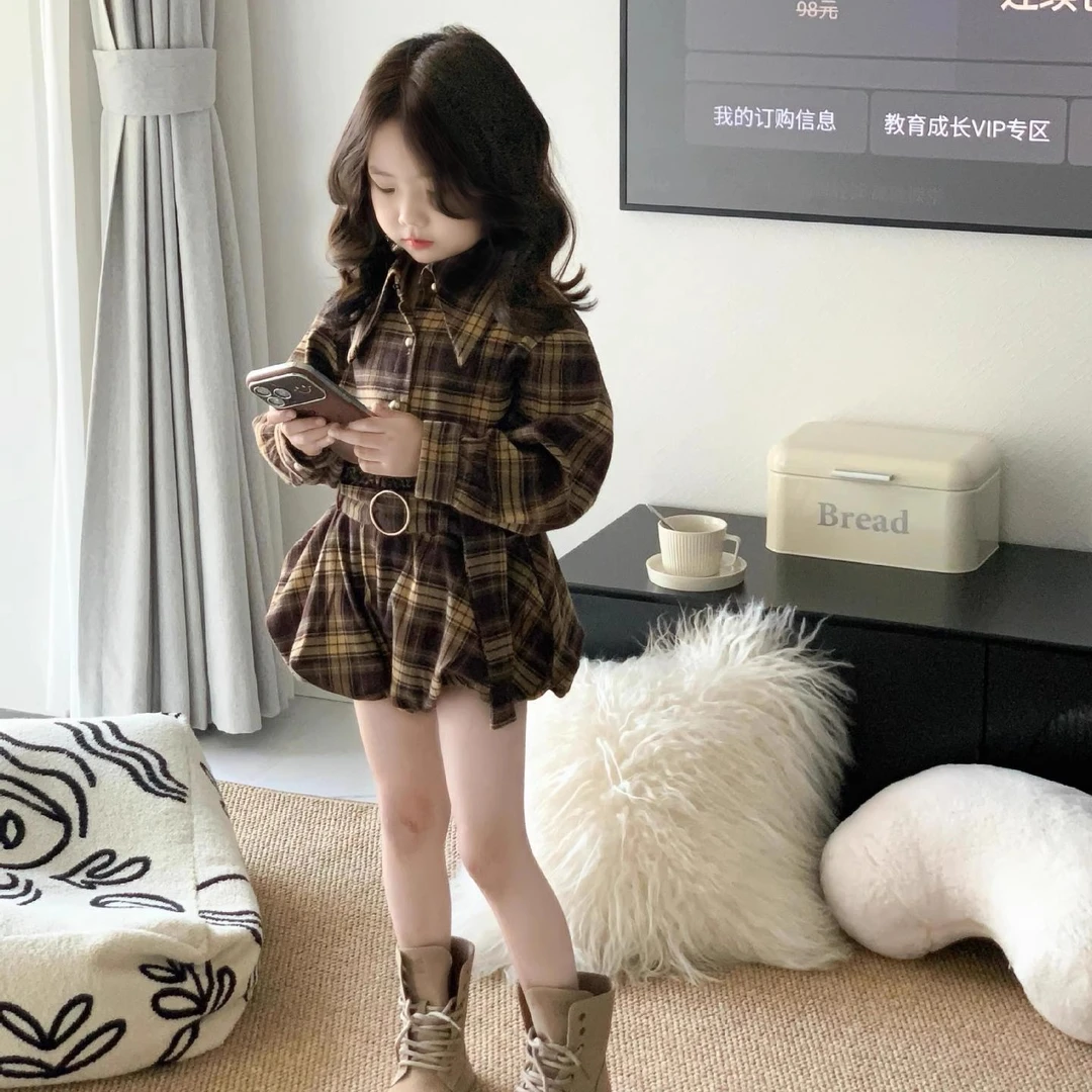 2025秋装女童复古美拉德格子衬衫花苞短裙两件套亲子套装