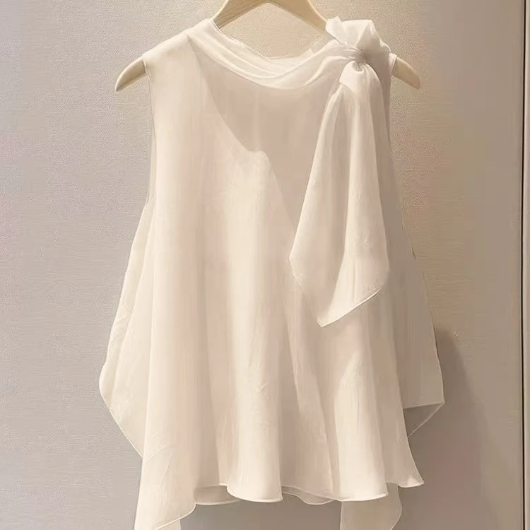 独特漂亮洋气高端别致小衫法式小上衣杏色无袖衬衫2025新款女夏季