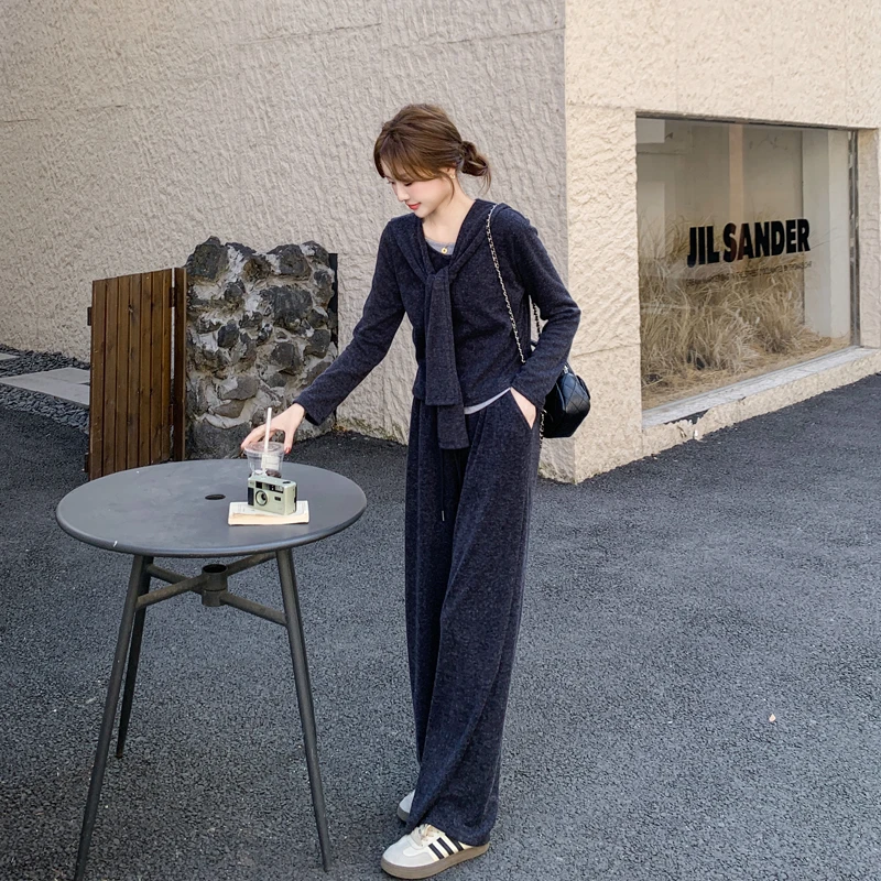 时尚休闲披肩卫衣阔腿裤套装女春2025新款慵懒风一整套穿搭三件套