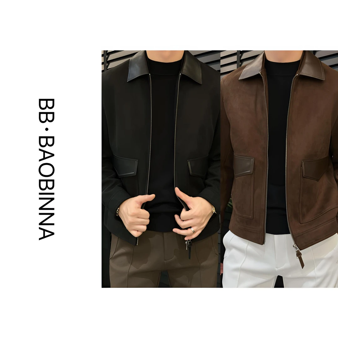 小野· 男装 |鹿皮绒拼皮 | 男士百搭翻领夹克外套50572