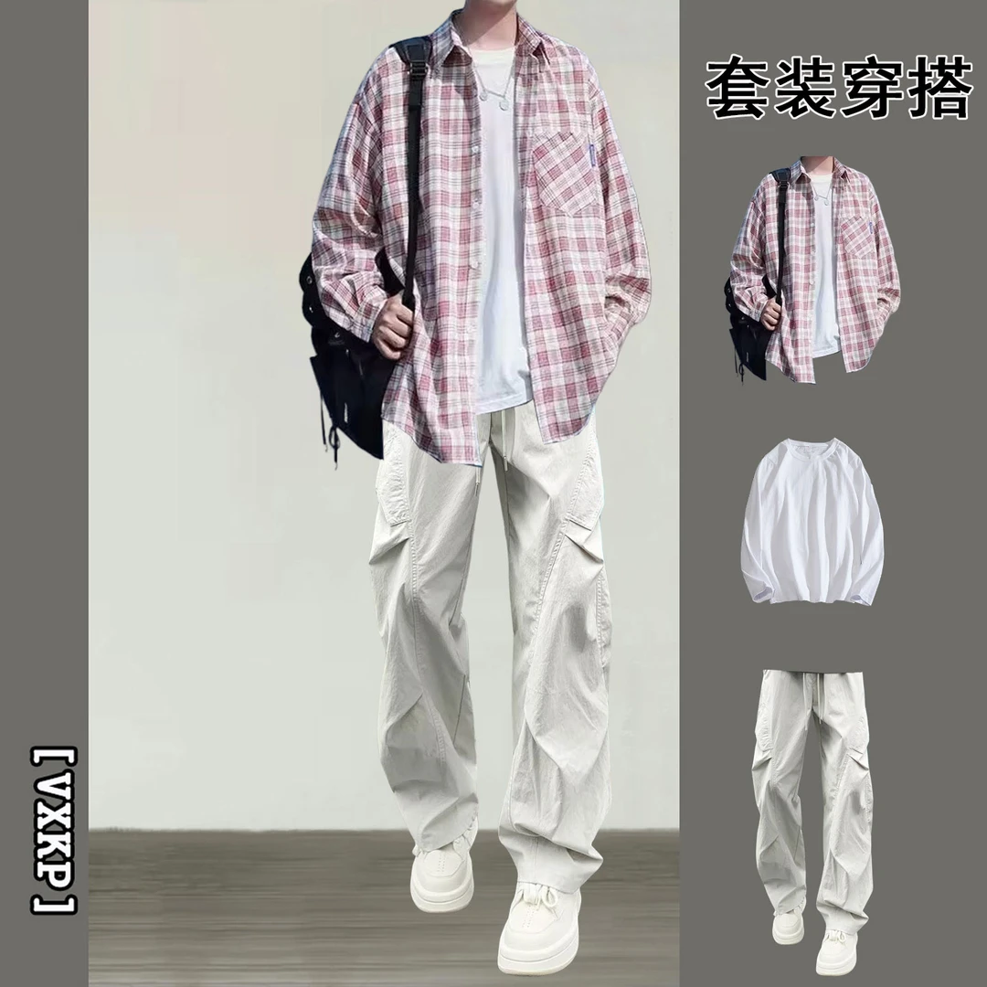 男士衬衫休闲运动套装春秋季长袖格子衬衣外套男士酷帅穿搭青少年
