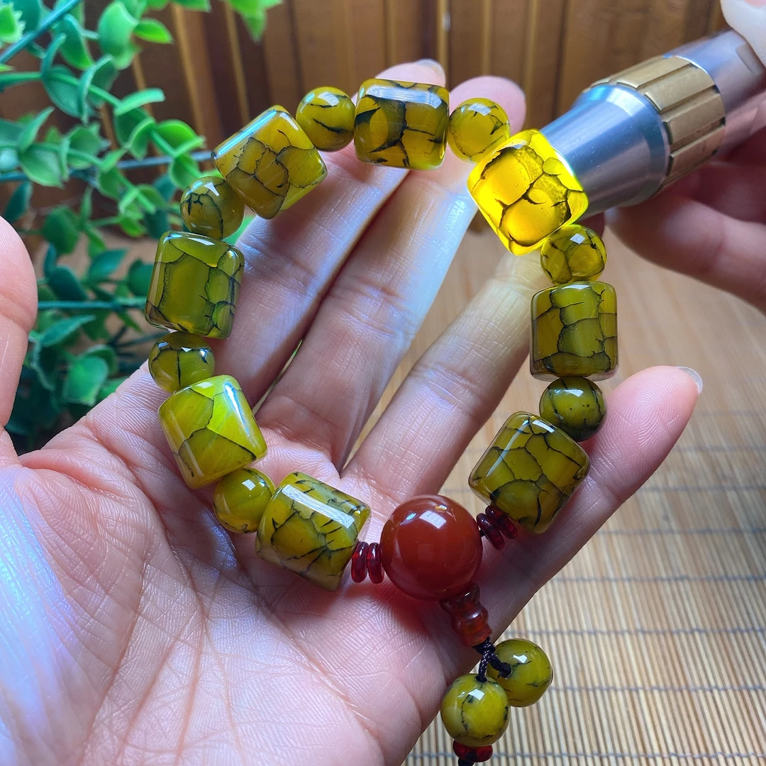 全珠黄色龙纹开片路路通手链霸气男款