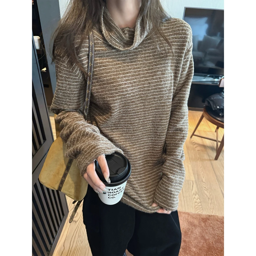 2025秋冬新款韩系复古条纹高领长袖T恤宽松内搭打底衫慵懒风上衣