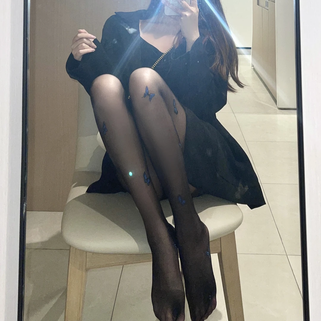 蓝色蝴蝶任意剪丝袜黑色防勾丝春秋薄款性感印花黑丝美腿连裤袜女