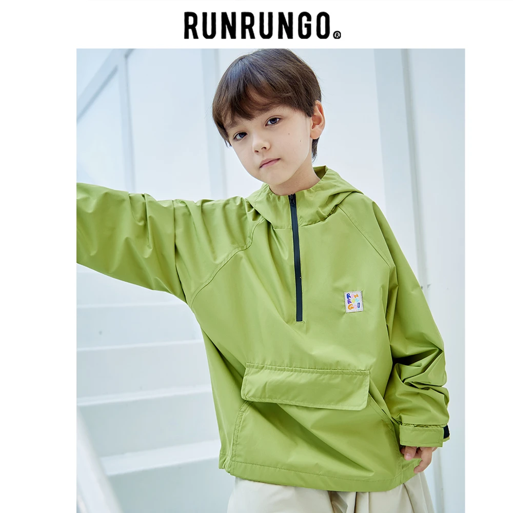 Runrungo【克林】防风半开连帽夹克儿童运动男童户外休闲软壳半拉链