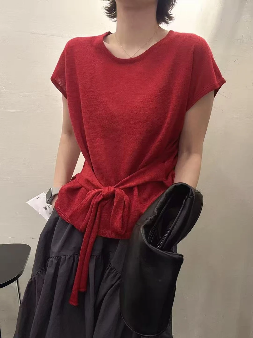 （畅畅妈专属）早秋腰带百搭修身短袖T恤显瘦设计感纯色上衣