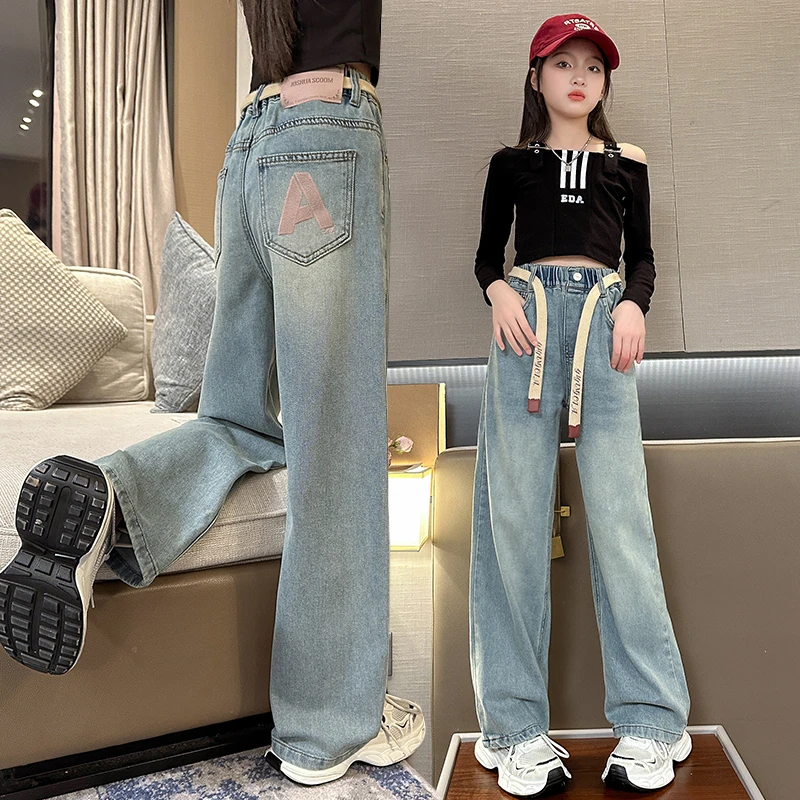 女童秋装裤子2025新款中大儿童牛仔裤冬季加绒加厚宽松直筒阔腿裤