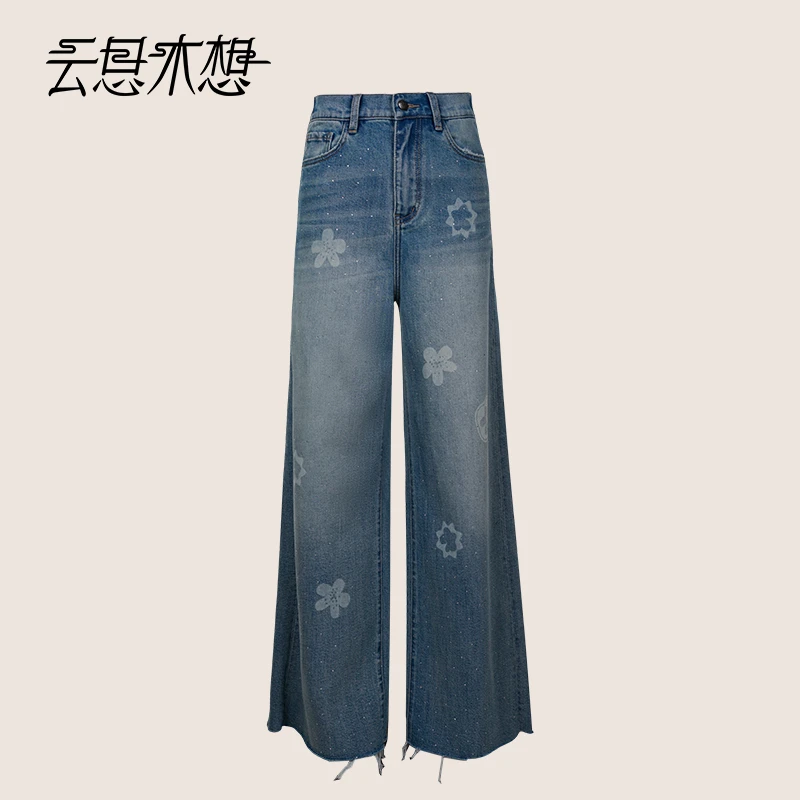 Ysimo-X云思木想 木棉花开 烧花烫钻后腰橡筋直筒高腰牛仔裤12973