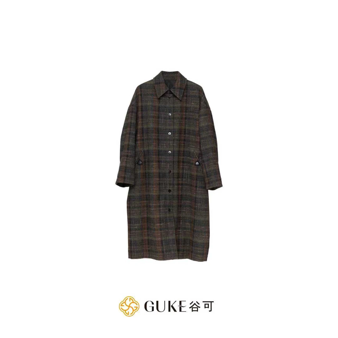 GKE/谷可M1225时尚翻领格子百搭保暖外套石墨烯长款宽松排扣棉服