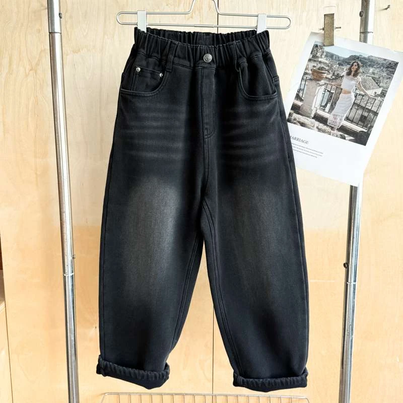 FAVMARTHA童装男童黑色加绒牛仔裤冬款2025新款中大童加厚长裤儿