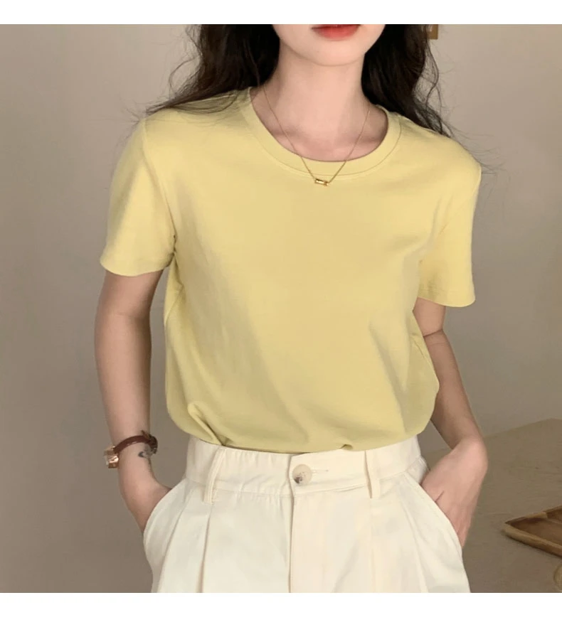 极简风纯色短袖圆领拼接T恤均码春夏宽松百搭针织韩版