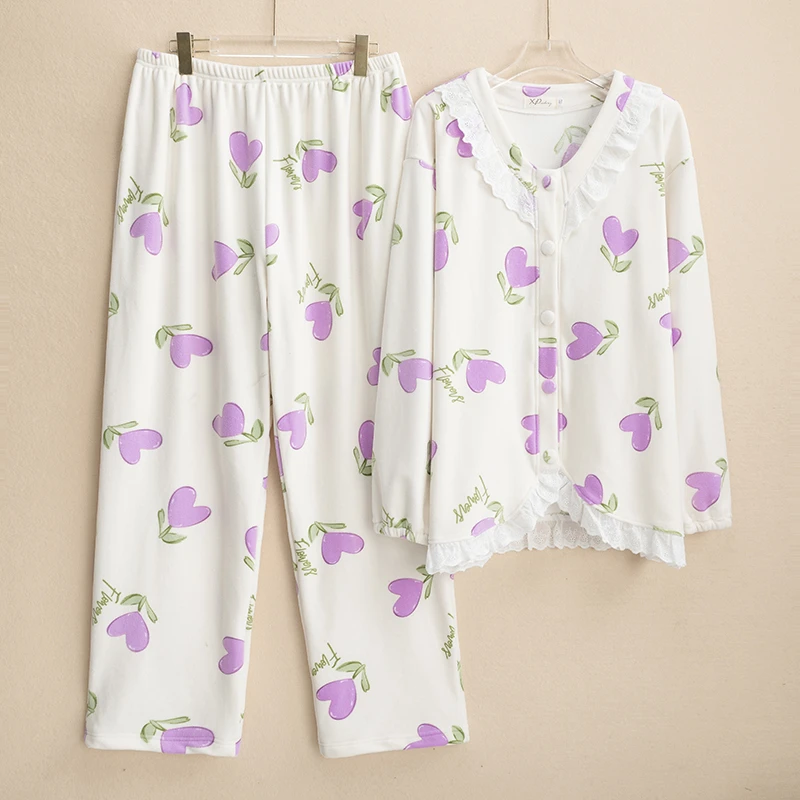 【棉仔绒】新款蕾丝花边秋冬季大码宽松长袖长裤睡衣家居服套装7166