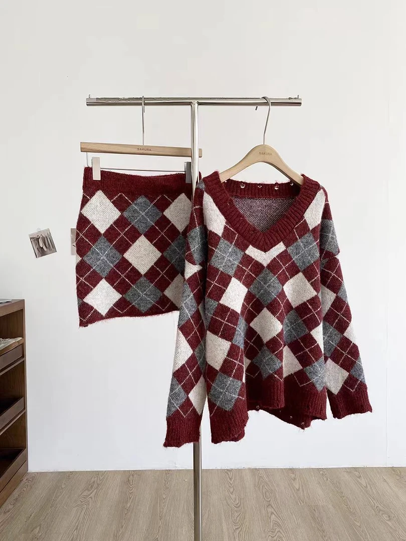 （看姐妹预约人数上新款式）新款韩版菱形格针织一整套