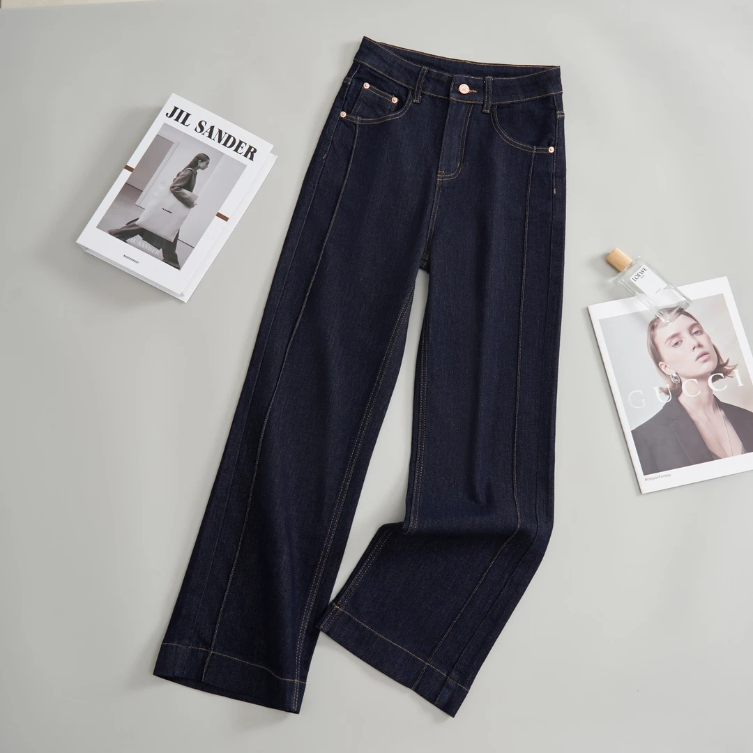 莱赛尔天丝微弹力显瘦直筒裤女蓝色高腰休闲牛仔裤女