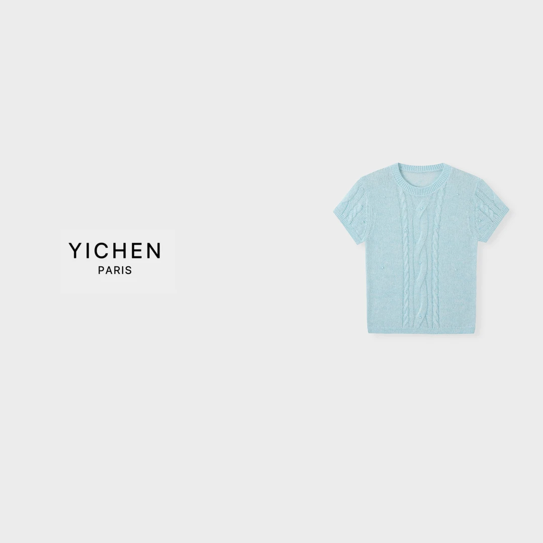 YC baby蓝/鹅蛋黄 立体绞花珍珠装饰圆领针织短袖-6216
