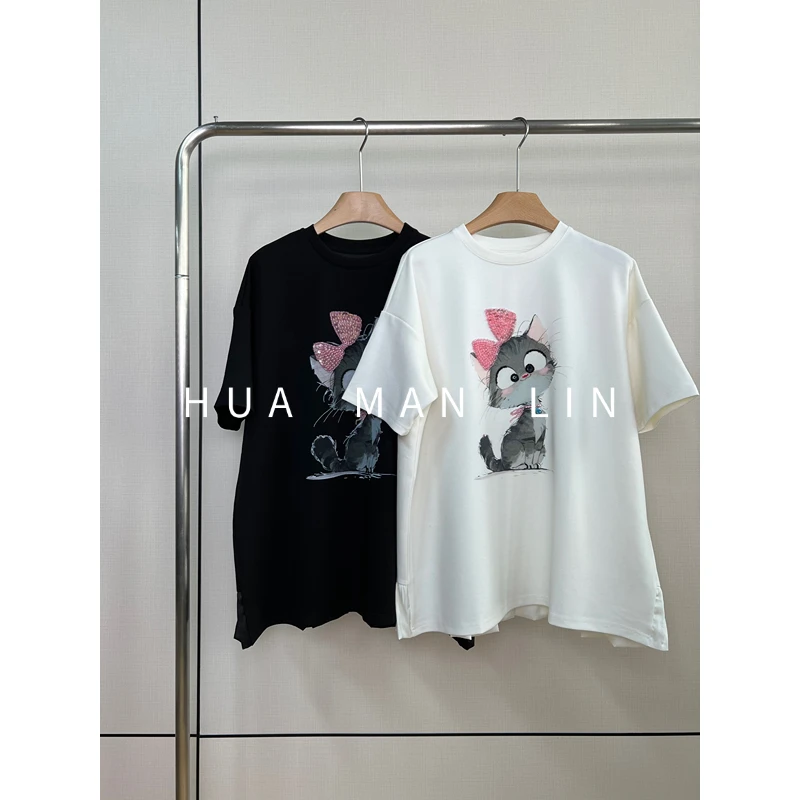 【花满林】‘俏皮猫咪’两色圆领亮片蝴蝶结短袖上衣88526