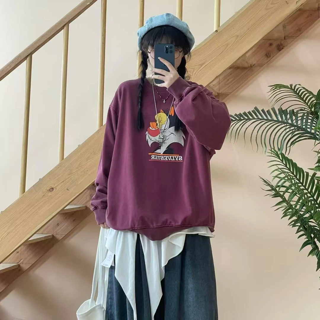 秋冬新款宽松百搭卡通印花圆领长袖卫衣9796