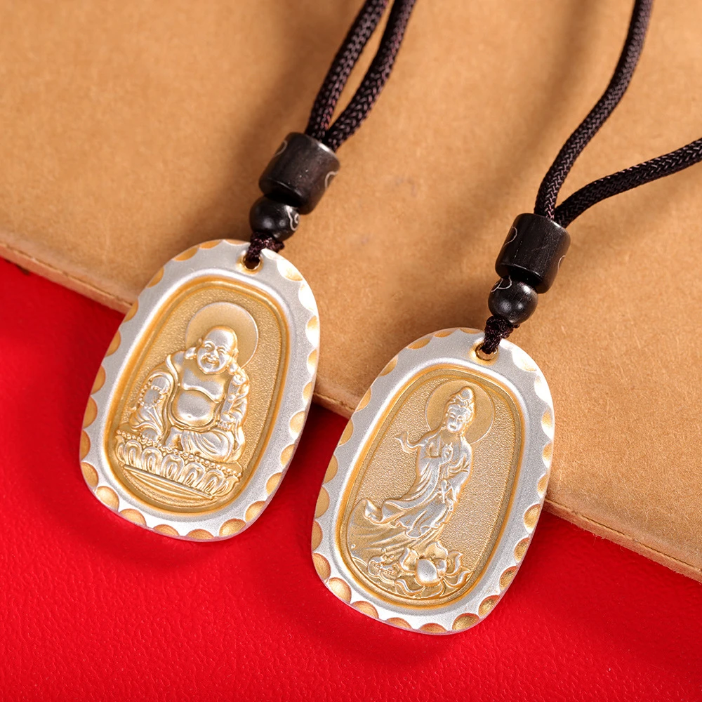 吊坠足银 足银999观音佛牌吊坠古法实心项坠雕刻银制品女款